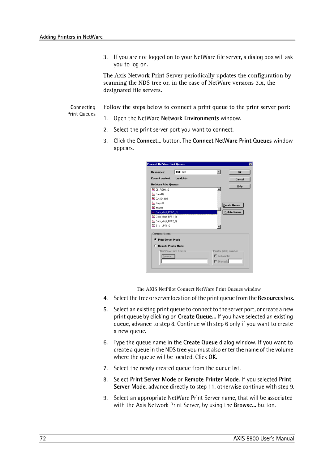 Philips 5900 user manual Axis NetPilot Connect NetWare Print Queues window 