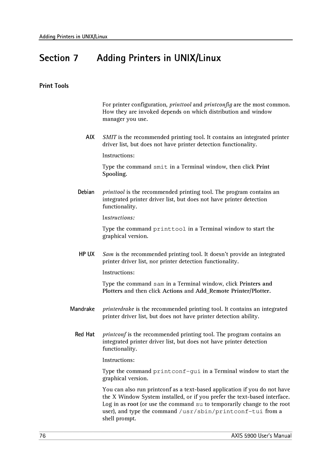 Philips 5900 user manual Adding Printers in UNIX/Linux, Print Tools, Spooling 