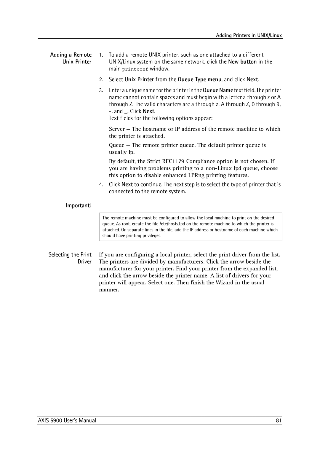 Philips 5900 user manual Select Unix Printer from the Queue Type menu, and click Next 