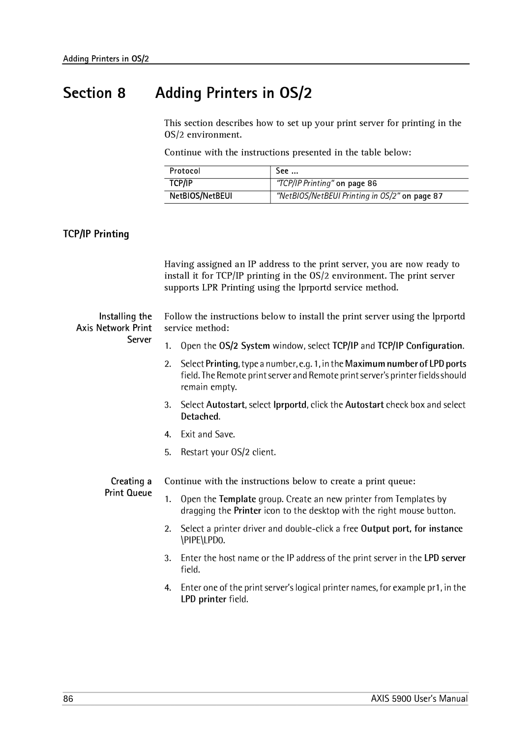 Philips 5900 Adding Printers in OS/2, TCP/IP Printing, Installing Axis Network Print Server Creating a Print Queue 