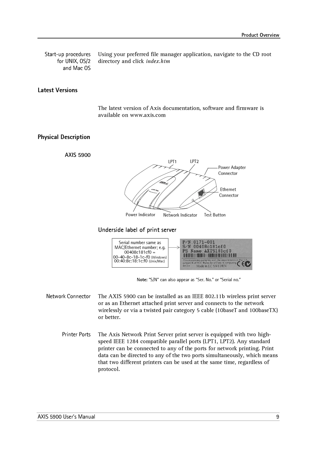 Philips 5900 user manual Latest Versions Physical Description, Underside label of print server, Axis 