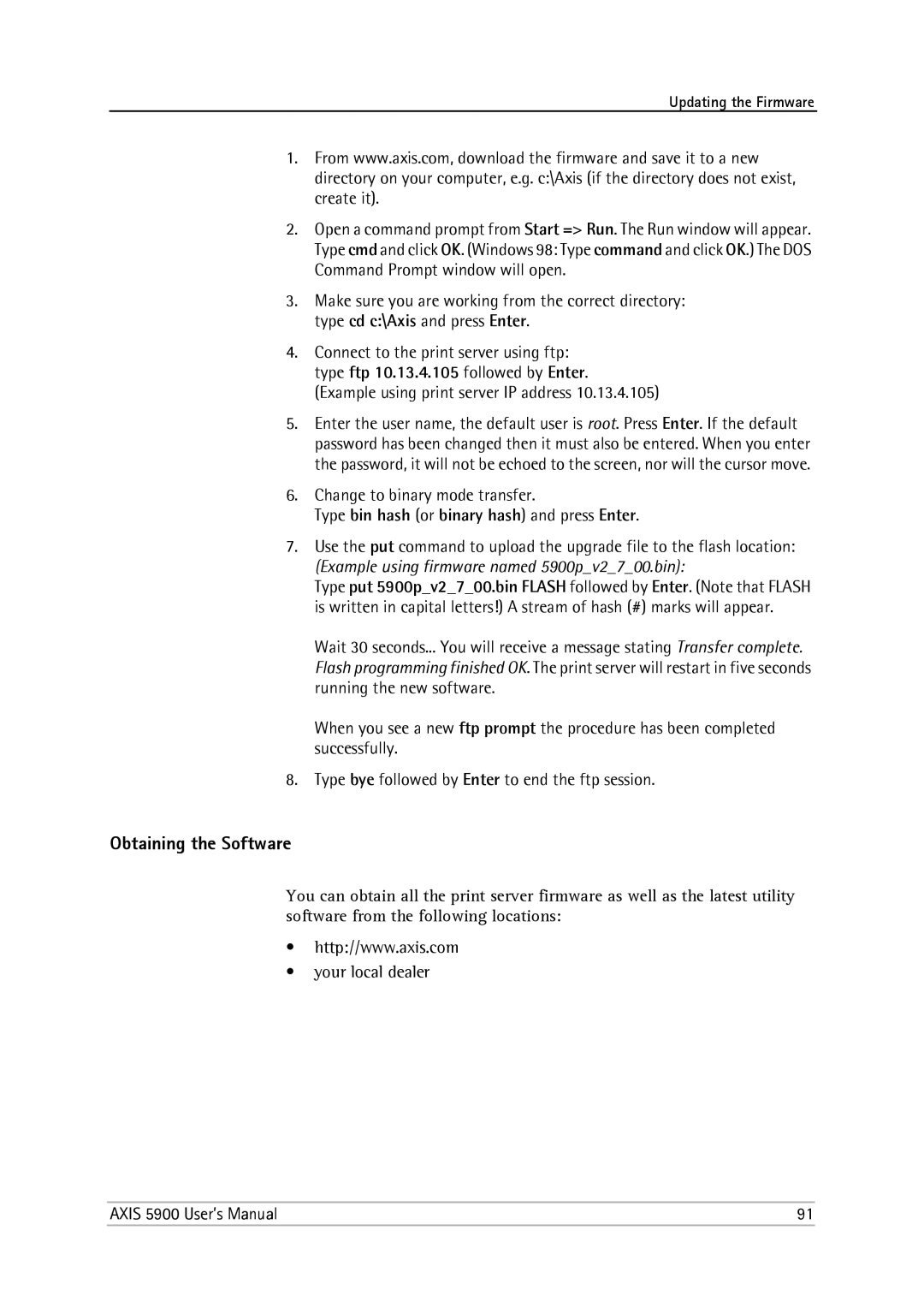 Philips 5900 user manual Obtaining the Software, Example using print server IP address, Change to binary mode transfer 