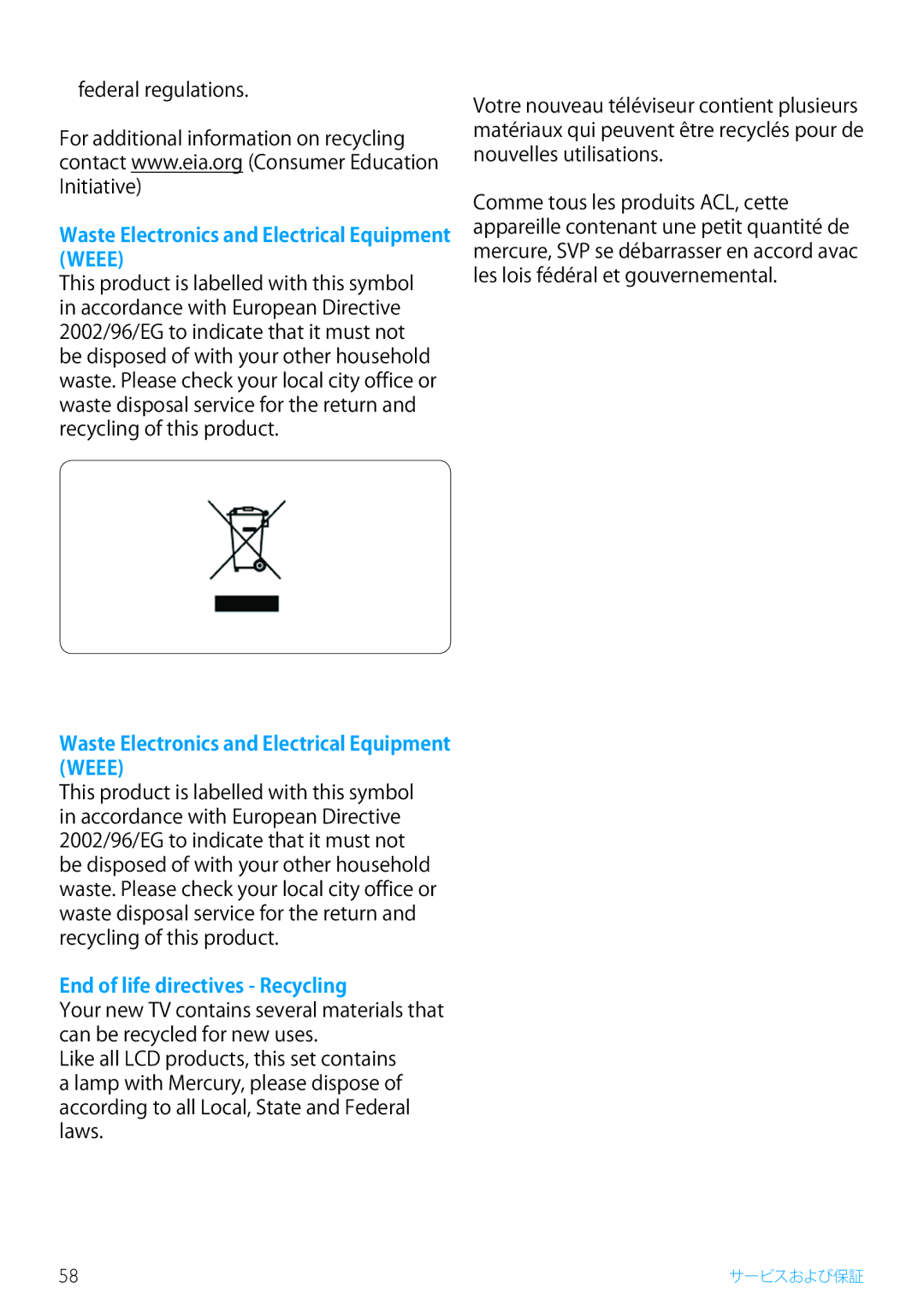 Philips 5FF2, 7FF2, 10FF2 manual Waste Electronics and Electrical Equipment Weee, End of life directives Recycling 