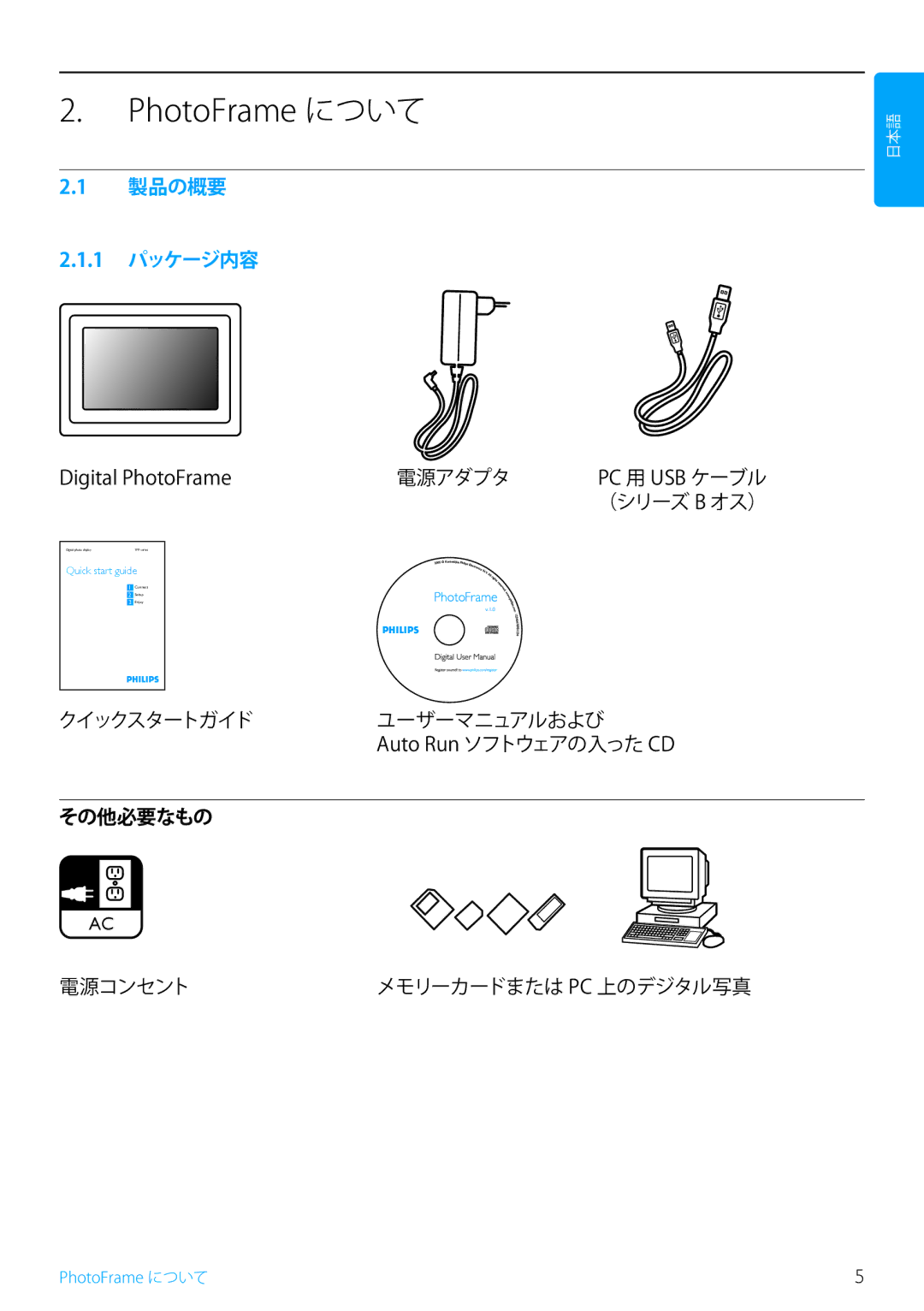 Philips 7FF2, 5FF2, 10FF2 manual 製品の概要 1 パッケージ内容, その他必要なもの 