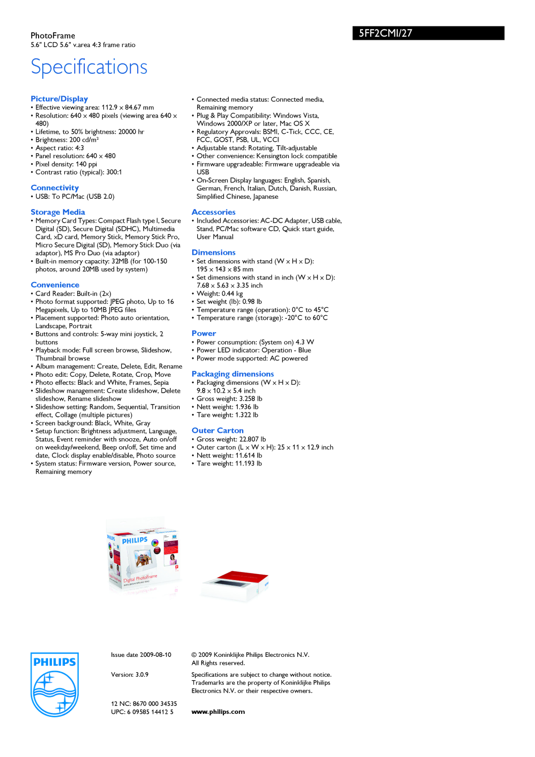 Philips 5FF2CMI/27 Picture/Display, Connectivity, Storage Media, Convenience, Accessories Dimensions, Power, Outer Carton 