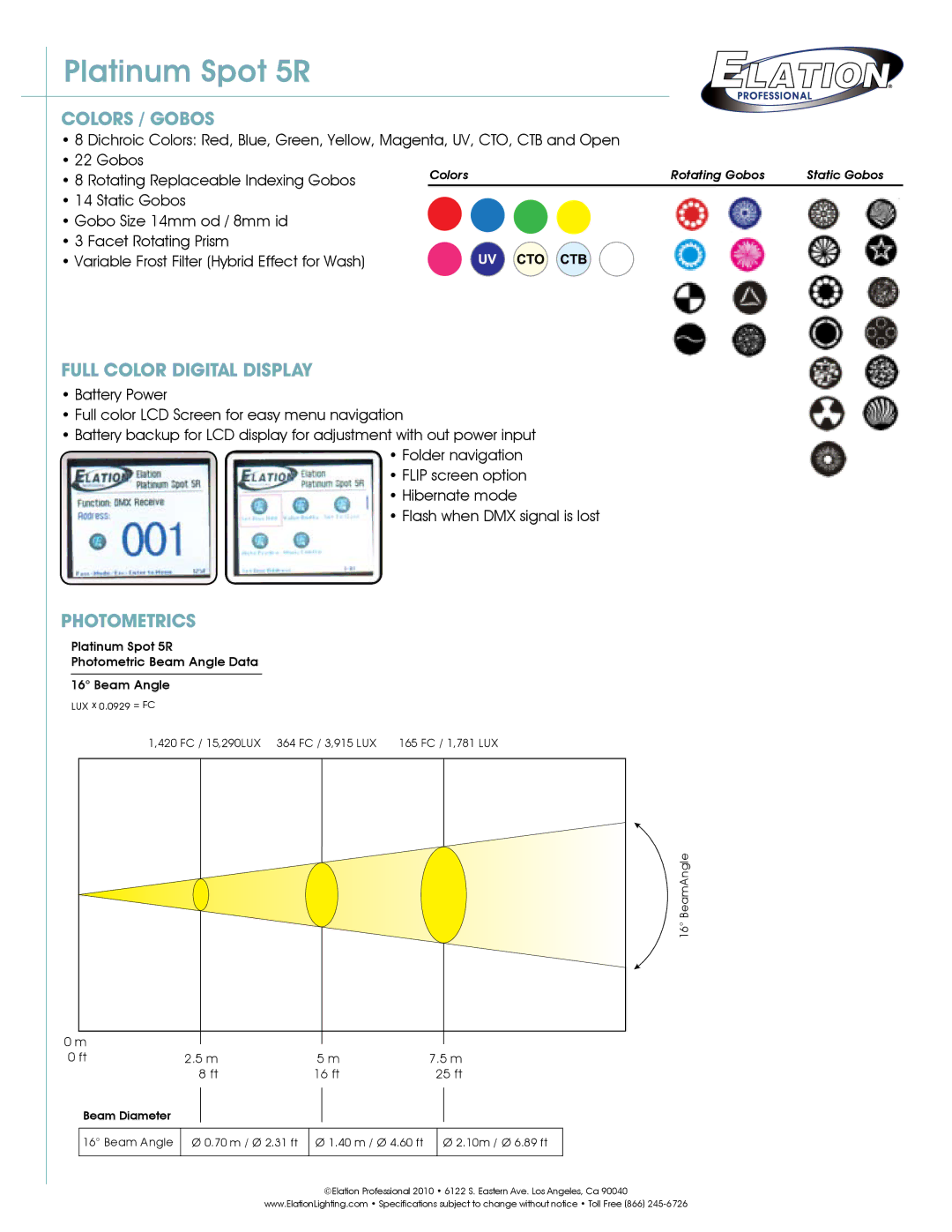 Philips 5R technical specifications Colors / Gobos, Full Color Digital Display, Photometrics 