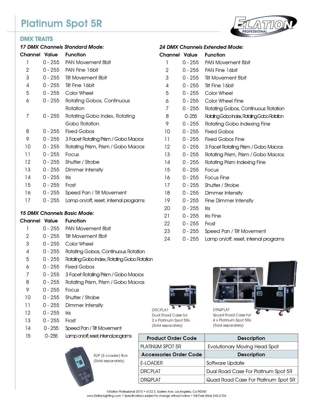 Philips technical specifications DMX Traits, Platinum Spot 5R, Loader, Drcplat, Drqplat 