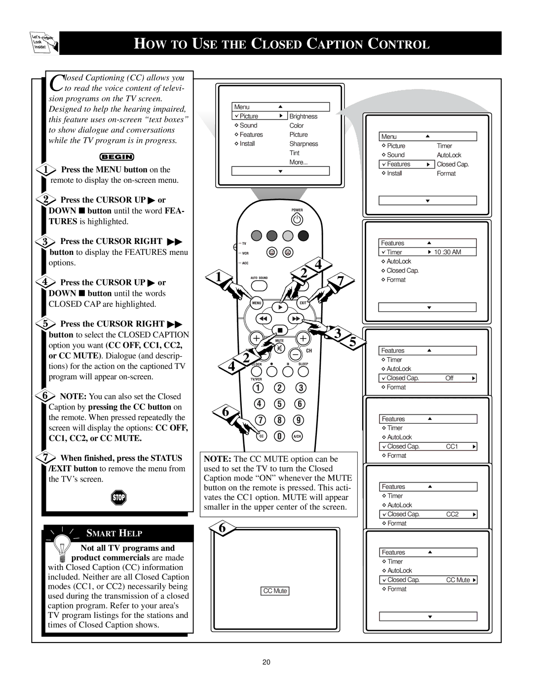 Philips 6 manual HOW to USE the Closed Caption Control, CC1, CC2, or CC Mute 