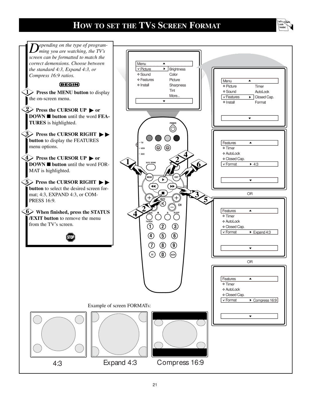 Philips 6 manual HOW to SET the TVS Screen Format, Press the Menu button to display 