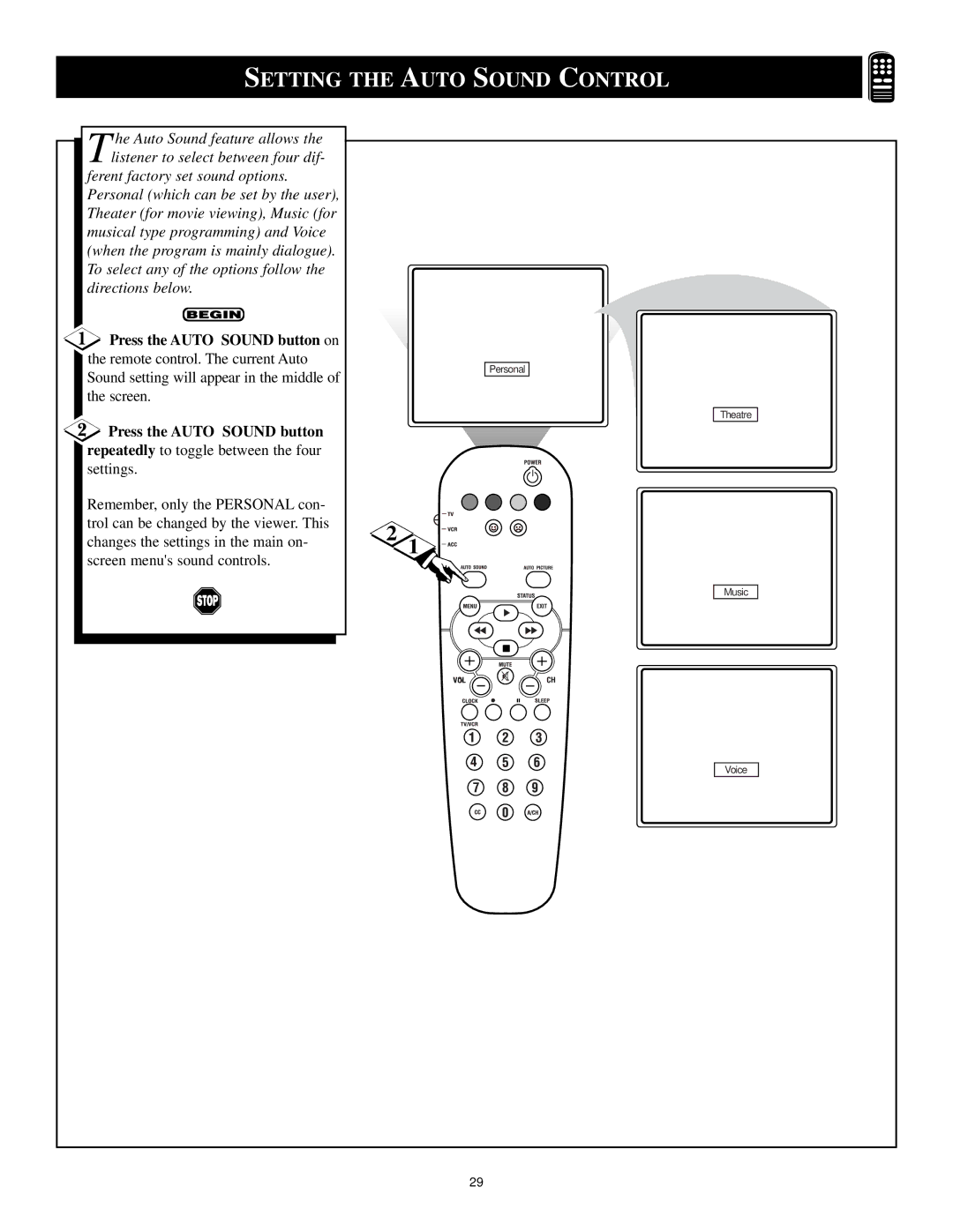 Philips 6 manual Setting the Auto Sound Control, Press the Auto Sound button on 