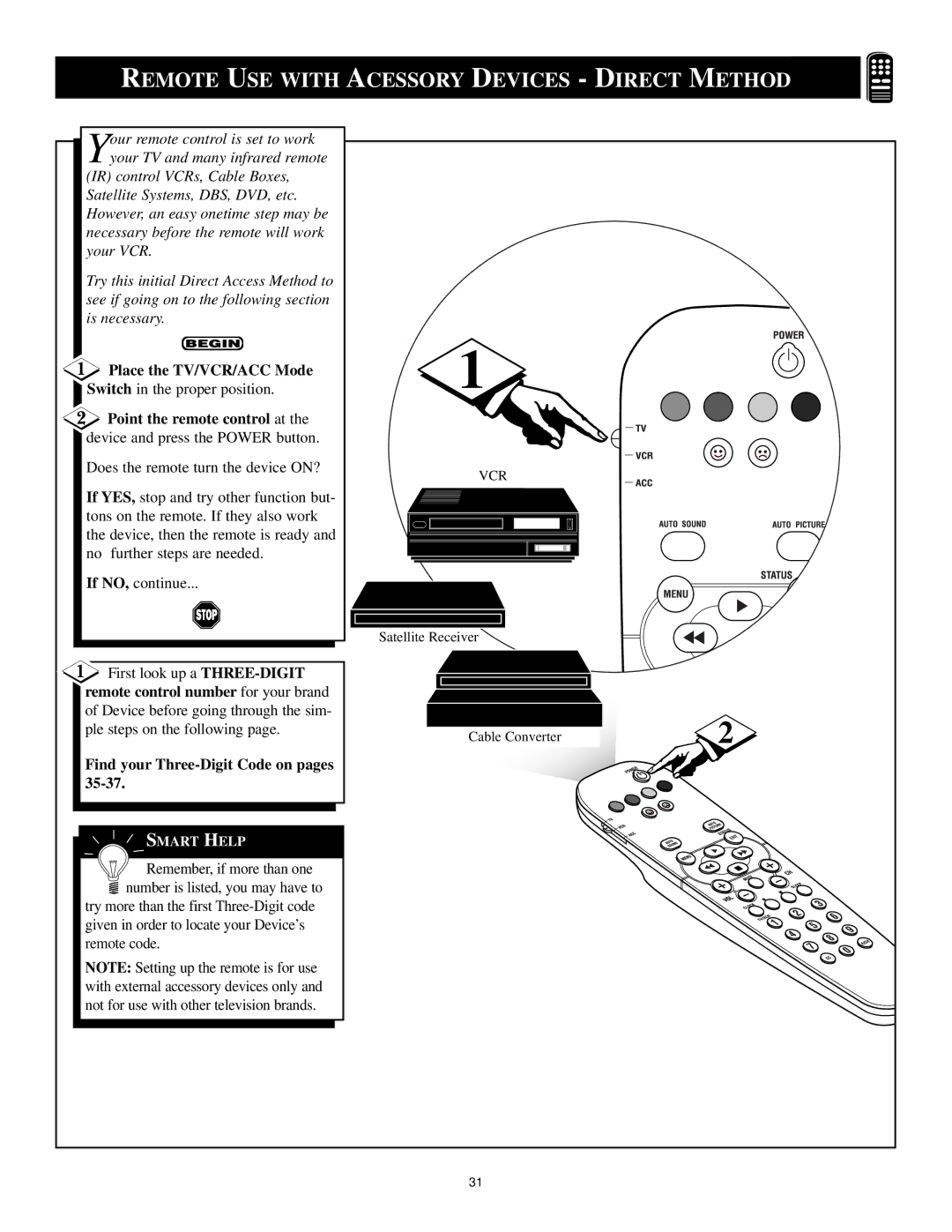 Philips 6 manual Place the TV/VCR/ACC Mode, Point the remote control at, Remote control number for your brand 