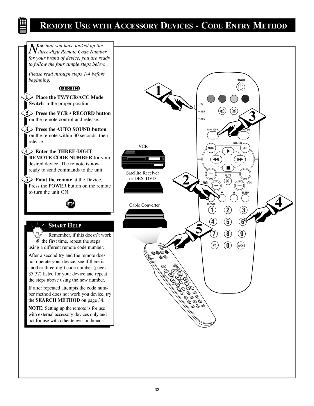 Philips 6 Press the VCR Record button, Enter the THREE-DIGIT Remote Code Number for your, Point the remote at the Device 