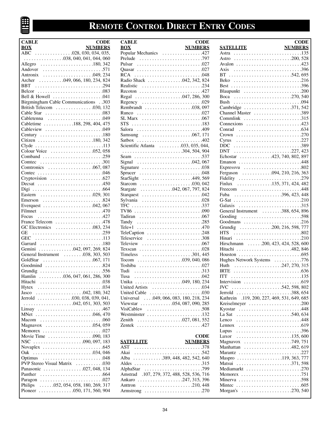Philips 6 manual Remote Control Direct Entry Codes, Cable Code BOX Numbers Satellite 