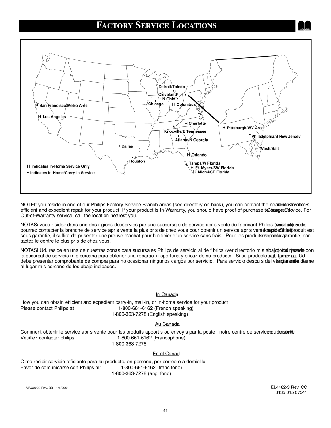 Philips 6 manual Factory Service Locations, Canada 