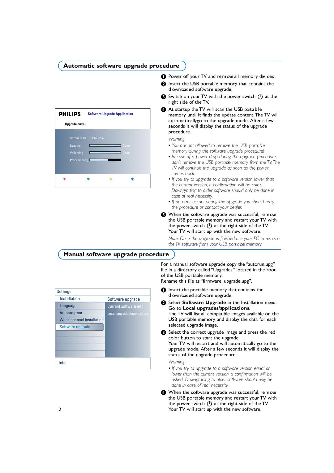 Philips 600 manual Automatic software upgrade procedure, Manual software upgrade procedure 