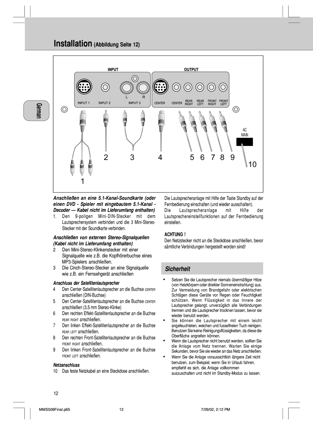 Philips 600/MMS 506 manual Sicherheit, Installation Abbildung Seite 