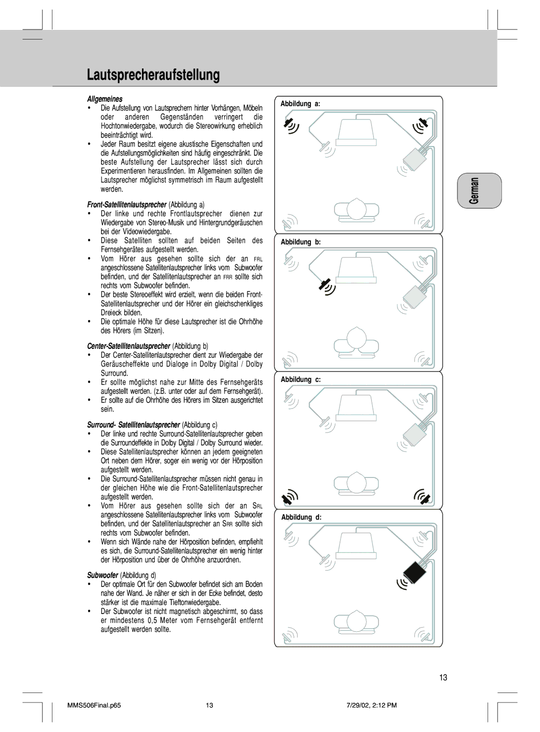 Philips 600/MMS 506 manual Lautsprecheraufstellung, Allgemeines 