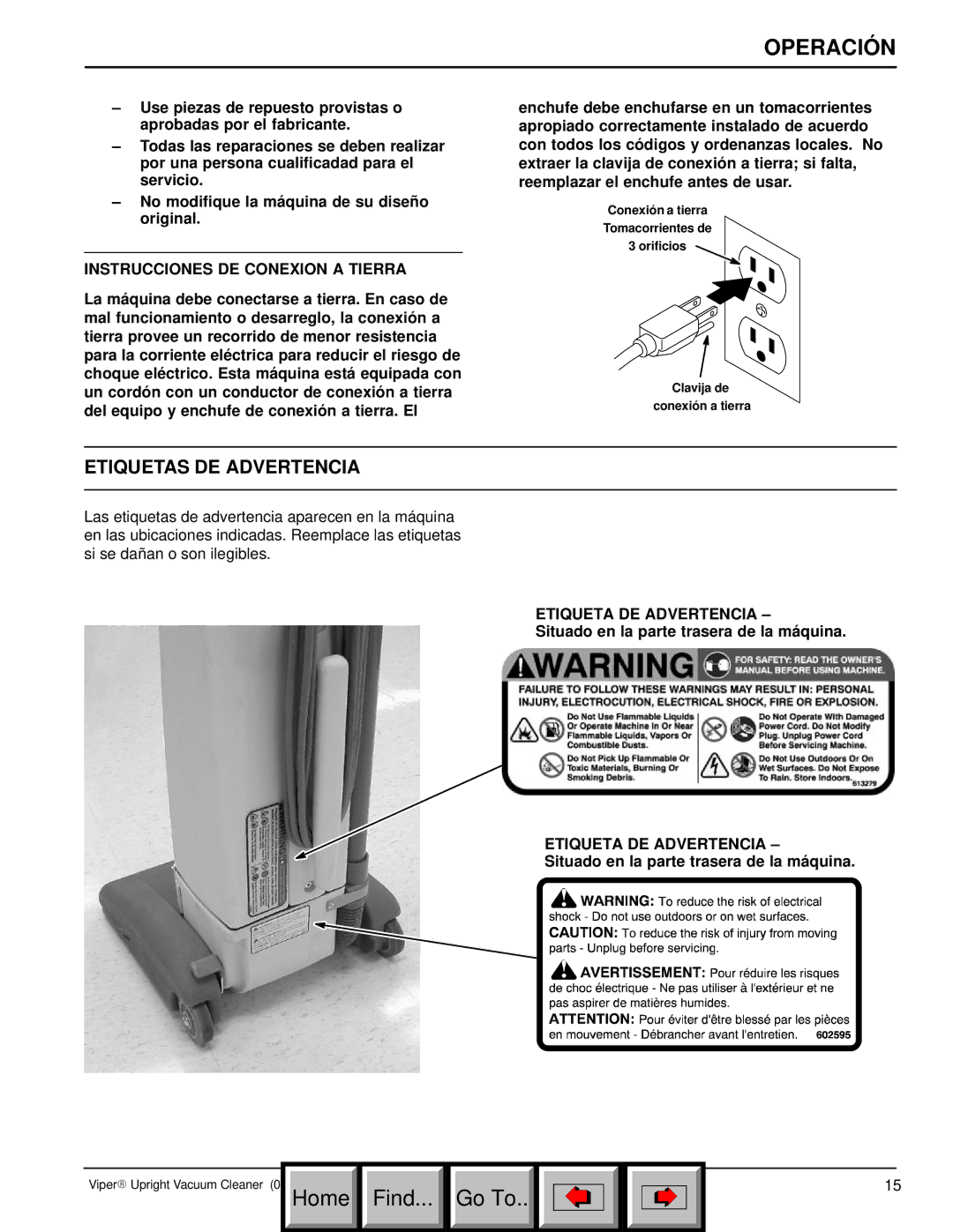 Philips 608669 manual Etiquetas DE Advertencia, Instrucciones DE Conexion a Tierra, Etiqueta DE Advertencia 