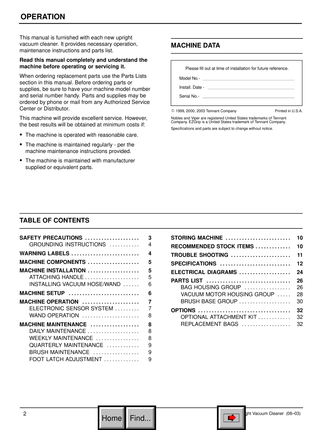 Philips 608669 manual Machine Data, Table of Contents 