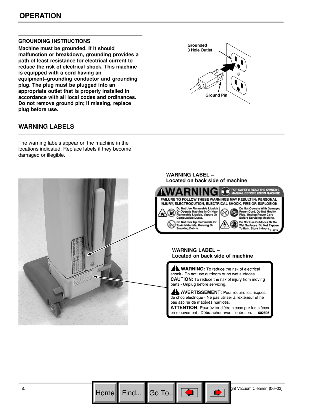 Philips 608669 manual Grounding Instructions, Located on back side of machine 