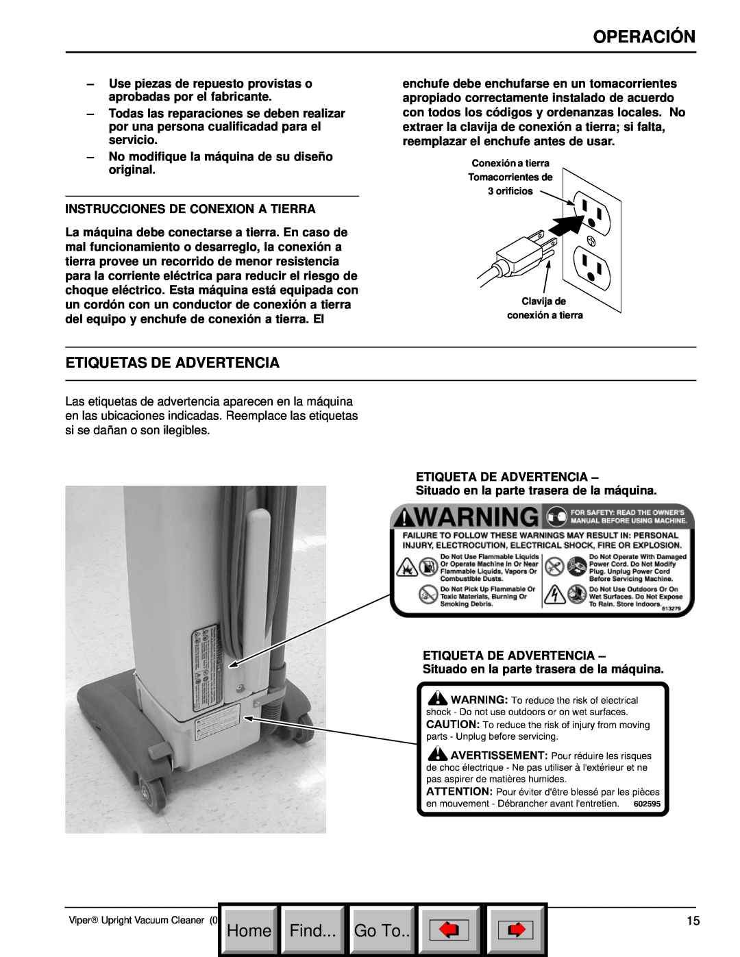 Philips 608669 manual Etiquetas De Advertencia, Operación, Home Find... Go To 