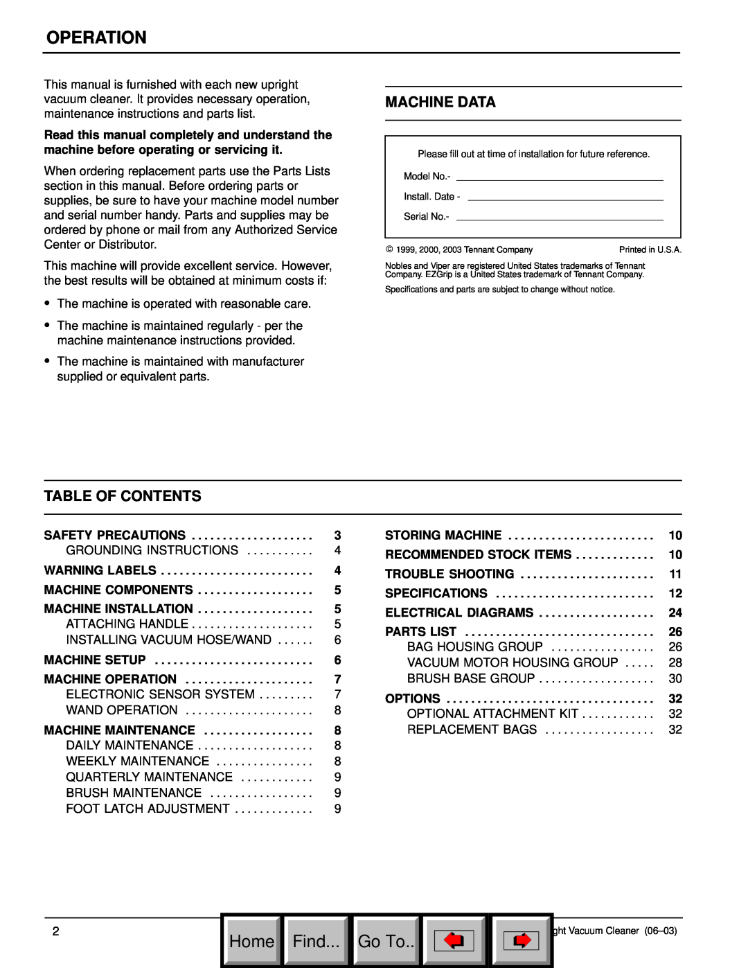 Philips 608669 manual Operation, Home Find, Go To, Machine Data, Table Of Contents 