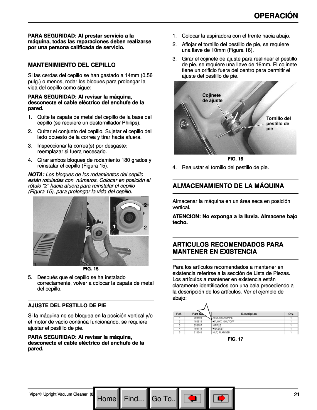 Philips 608669 manual Almacenamiento De La Máquina, Mantenimiento Del Cepillo, Operación, Home Find, Go To 