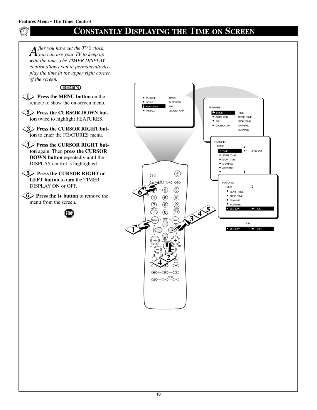 Philips 55P8288, 60P 8241, 55P8241, 60P8288 manual Constantly Displaying the Time on Screen, Press the Cursor Right or 