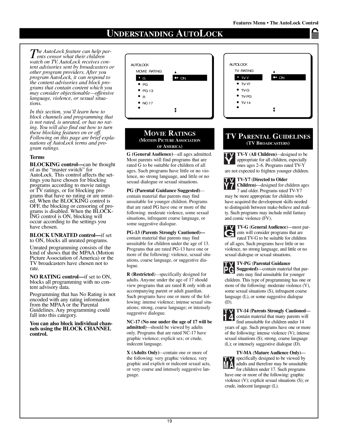 Philips 60P8288, 60P 8241, 55P8241, 55P8288 manual Understanding Autolock, Movie Ratings 