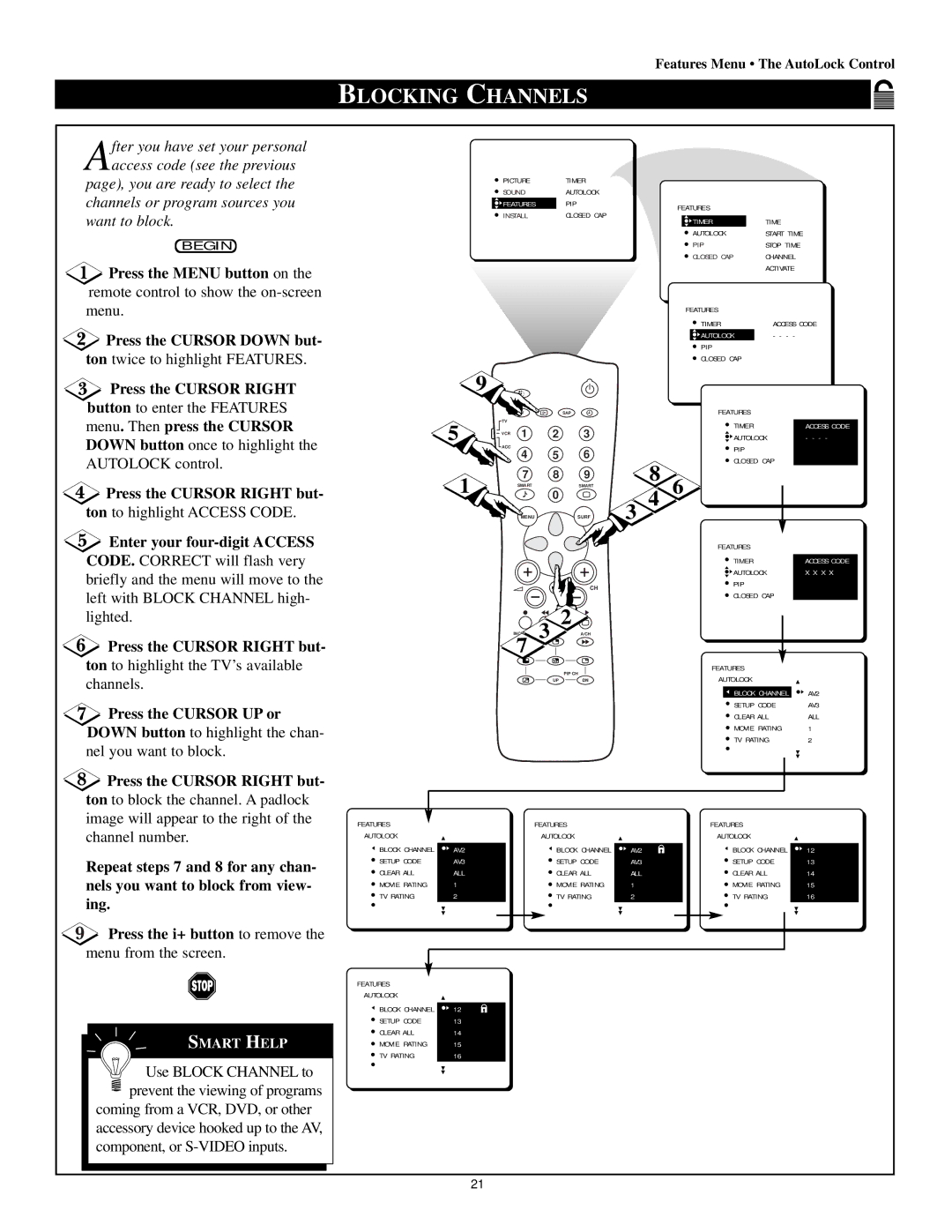 Philips 55P8241 manual Blocking Channels, Menu. Then press the Cursor, Enter your four-digit Access, Press the Cursor UP or 