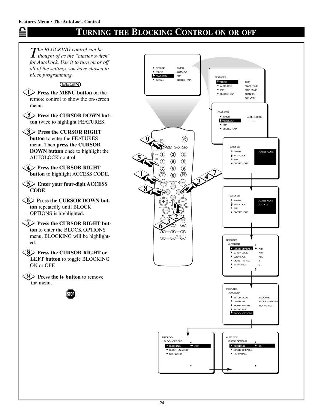 Philips 60P 8241, 55P8241, 55P8288, 60P8288 Turning the Blocking Control on or OFF, Press the i+ button to remove the menu 