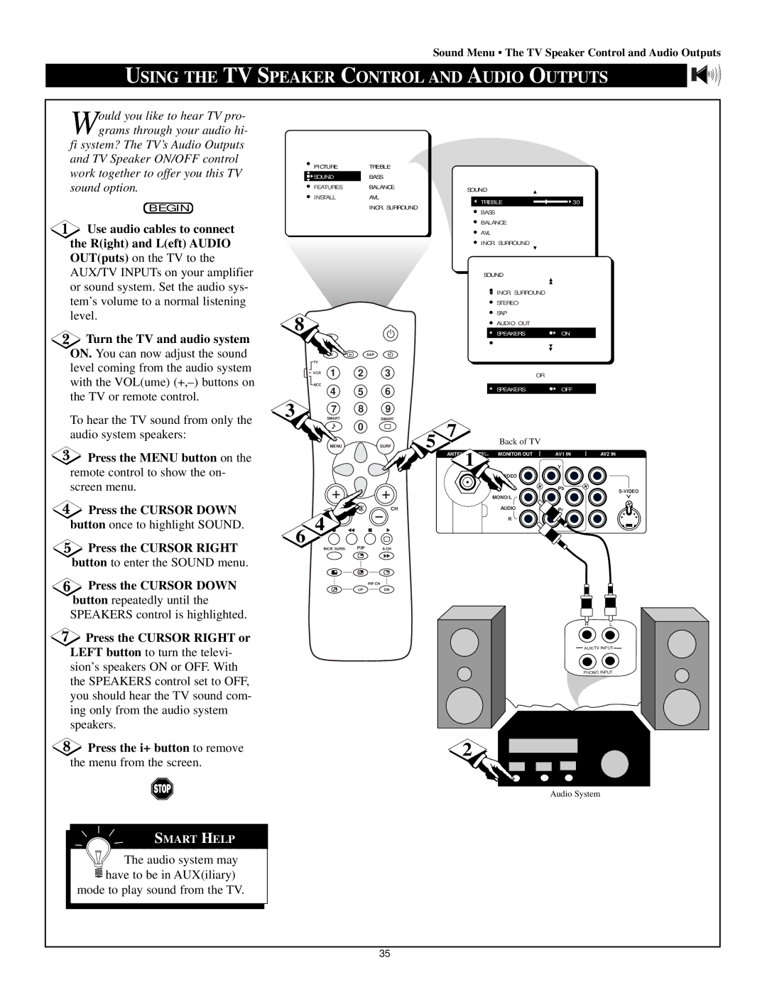 Philips 60P8288, 60P 8241, 55P8241, 55P8288 manual Using the TV Speaker Control and Audio Outputs, Press the Cursor Right 