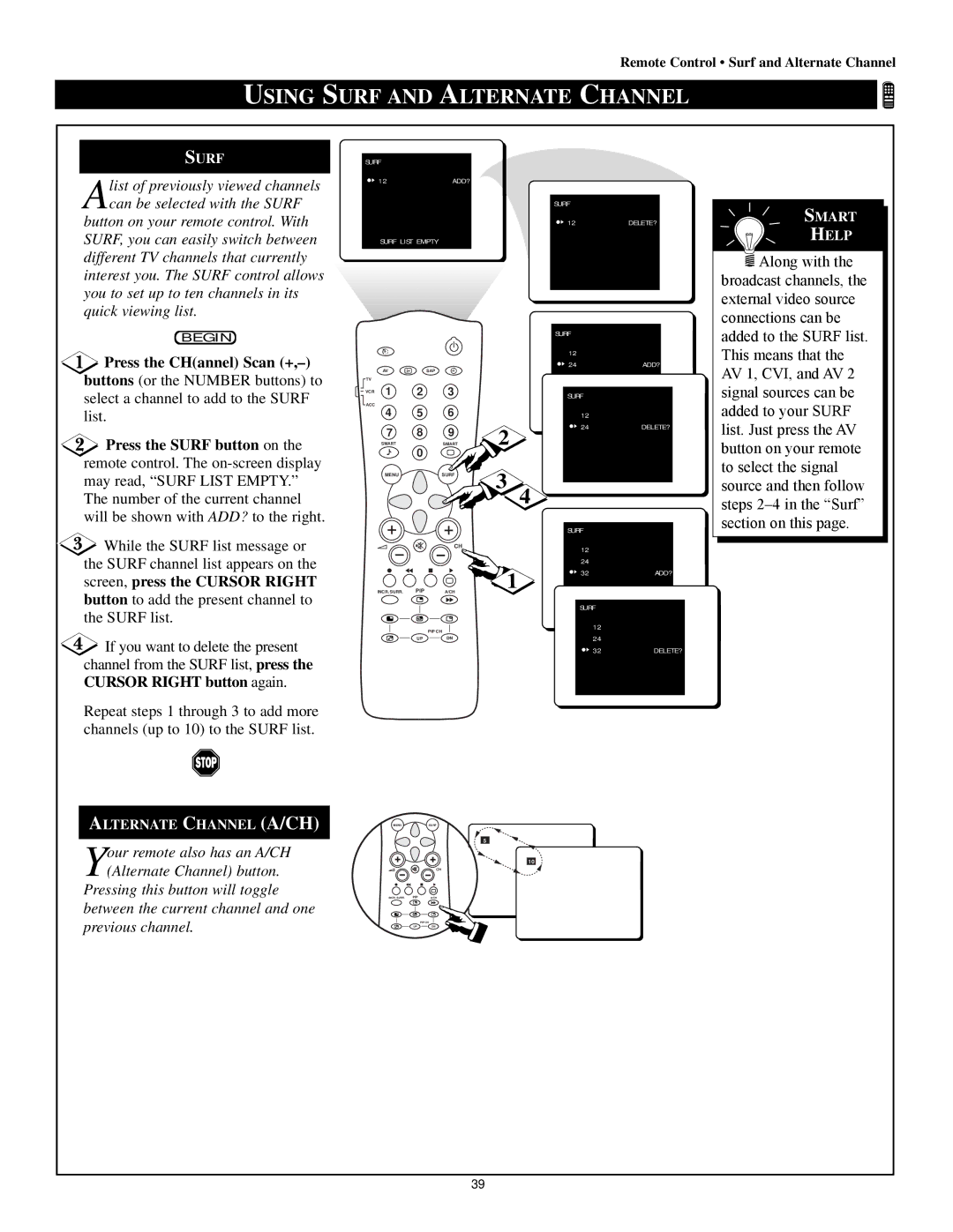 Philips 60P8288, 60P 8241, 55P8241, 55P8288 manual Using Surf and Alternate Channel 