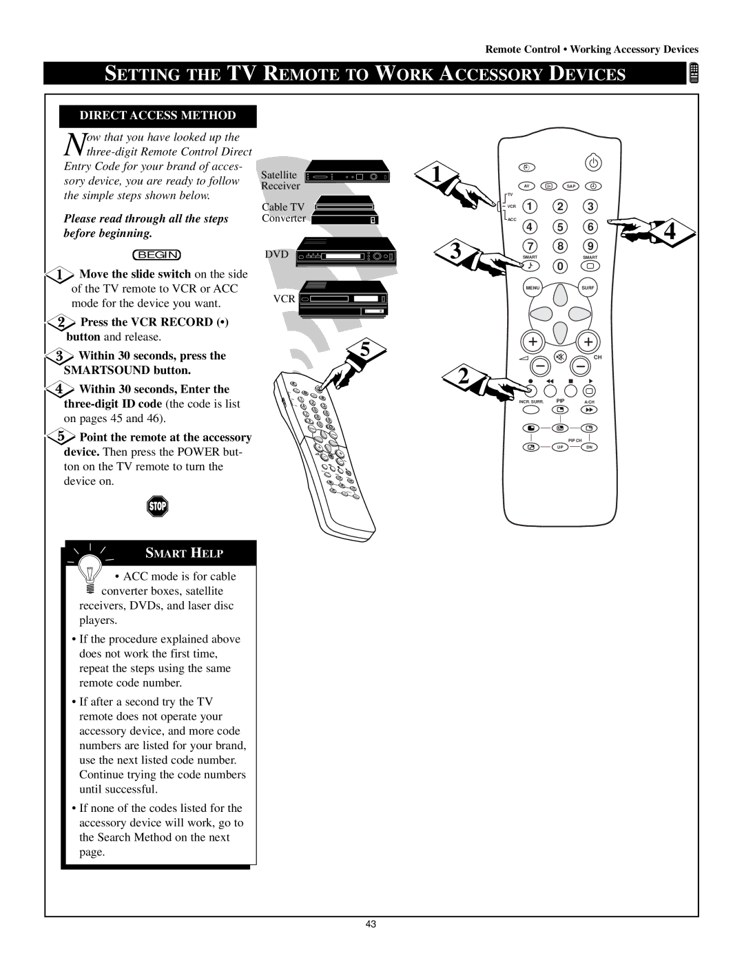 Philips 60P8288, 60P 8241, 55P8241, 55P8288 manual Move the slide switch on the side, Point the remote at the accessory 