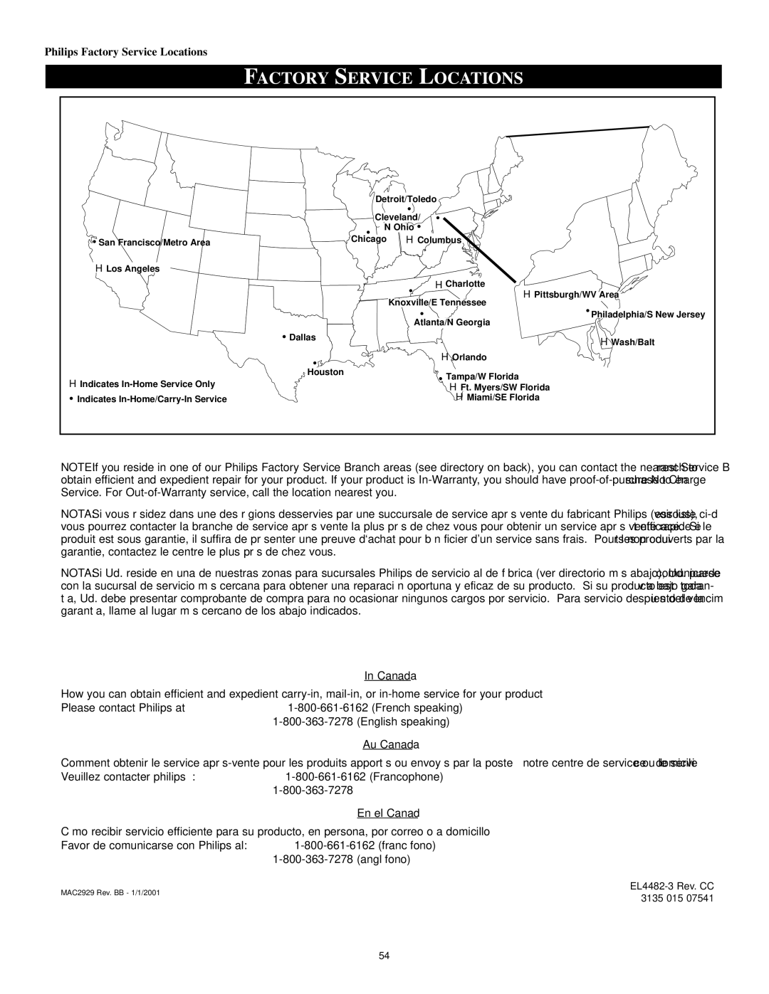 Philips 55P8288, 60P 8241, 55P8241, 60P8288 manual Factory Service Locations, Canada 
