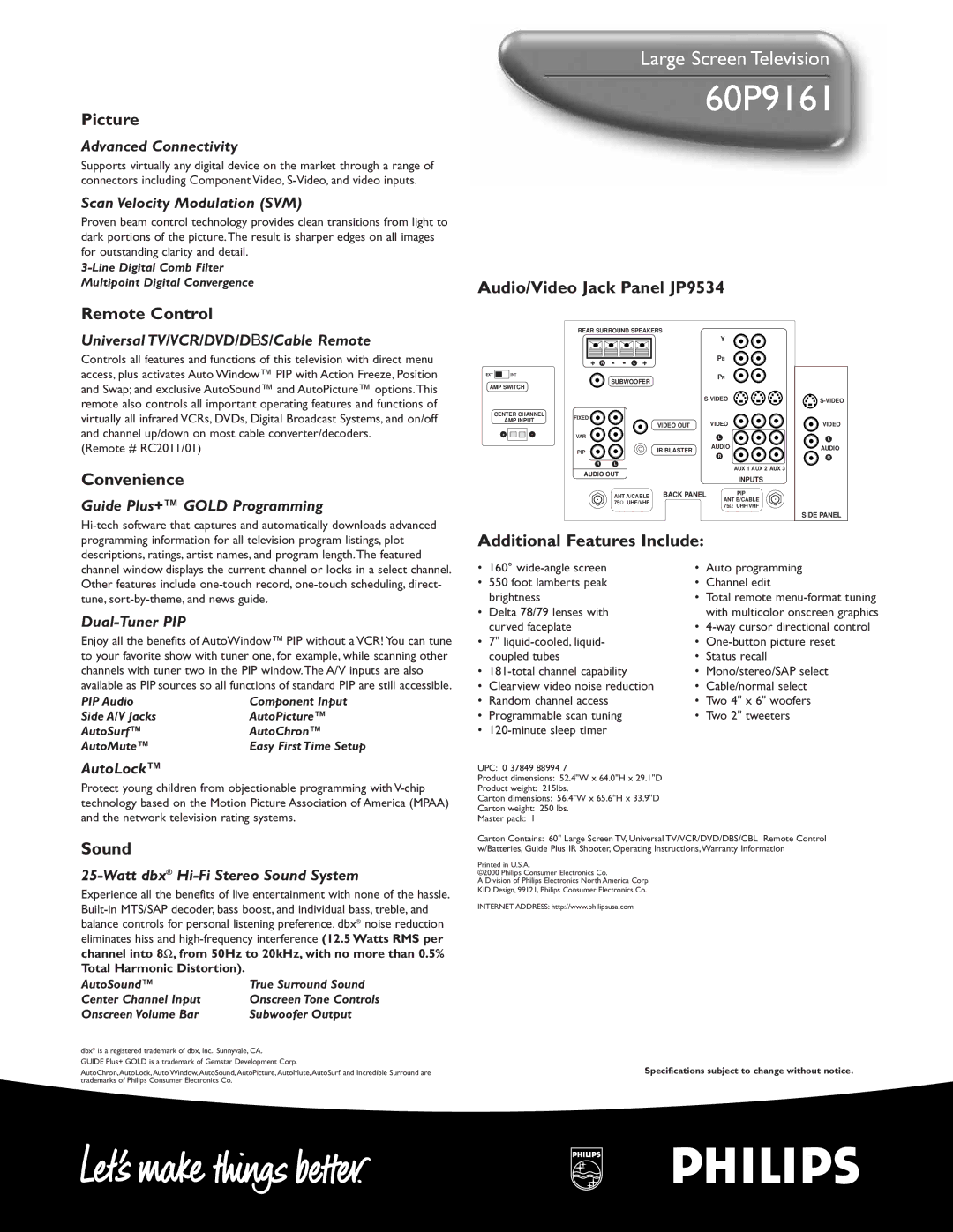 Philips 60P 9161 manual Picture, Remote Control, Convenience, Sound, Audio/Video Jack Panel JP9534 