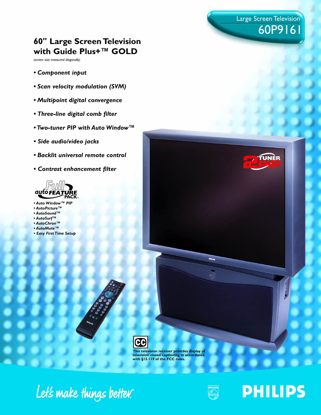 Philips 60P 9161 manual 60P9161, Large Screen Television with Guide Plus+ GOLD 