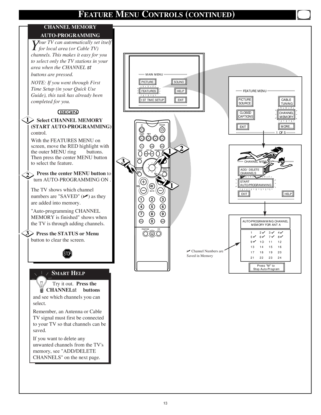 Philips 55P9271 Channel Memory AUTO-PROGRAMMING, Select Channel Memory, Press the center Menu button to, Channel buttons 