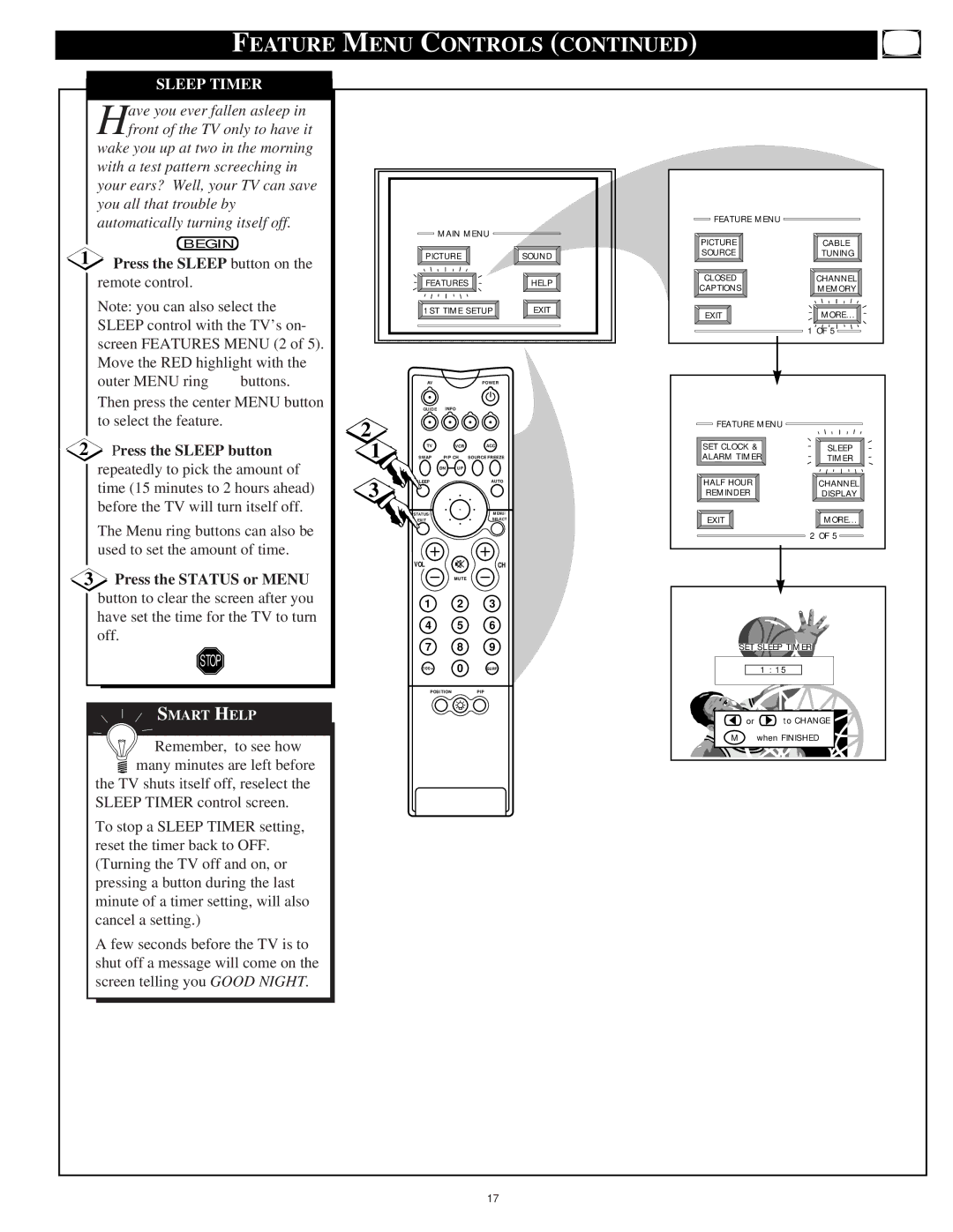 Philips 55P9271, 60P9271 manual Sleep Timer, Press the Sleep button on, Press the Status or Menu 