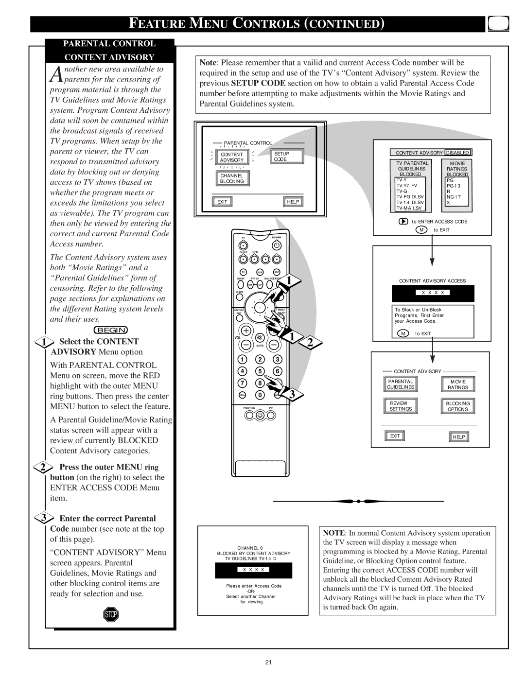 Philips 55P9271, 60P9271 manual Content Advisory, Select the Content, Enter the correct Parental 