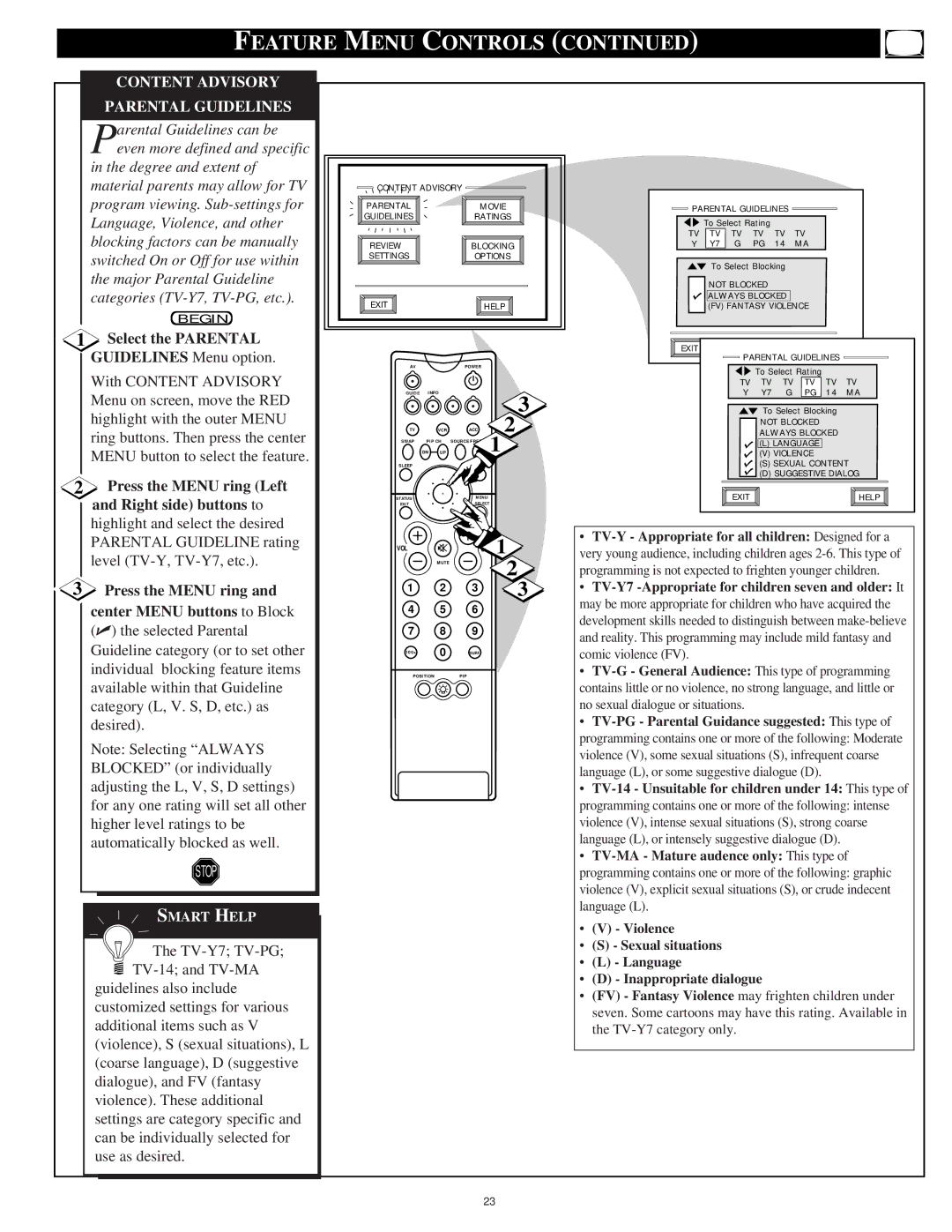 Philips 55P9271 manual Parental Guidelines, Press the Menu ring Left, Right side buttons to, Center Menu buttons to Block 