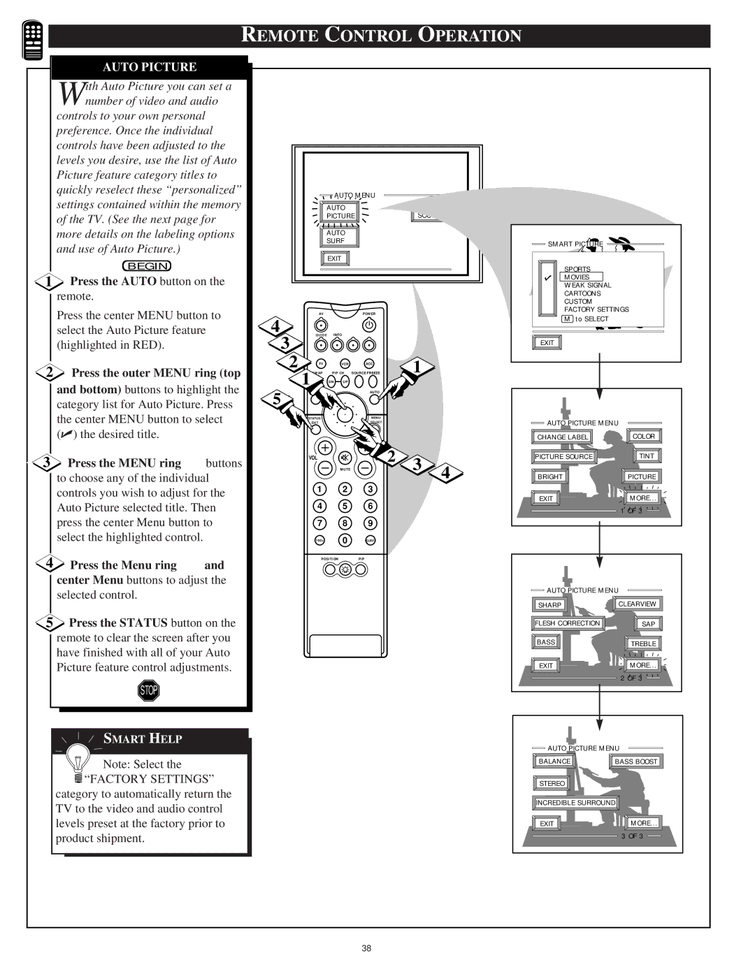 Philips 60P9271, 55P9271 Remote Control Operation, Auto Picture, Press the Auto button on, Press the outer Menu ring top 