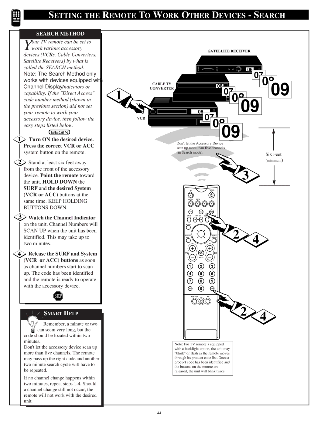 Philips 60P9271, 55P9271 Setting the Remote to Work Other Devices Search, Search Method, Device. Point the remote toward 