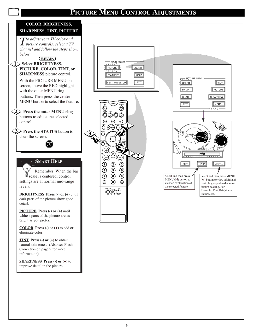 Philips 60P9271, 55P9271 manual Picture Menu Control Adjustments, COLOR, Brightness, SHARPNESS, TINT, Picture 