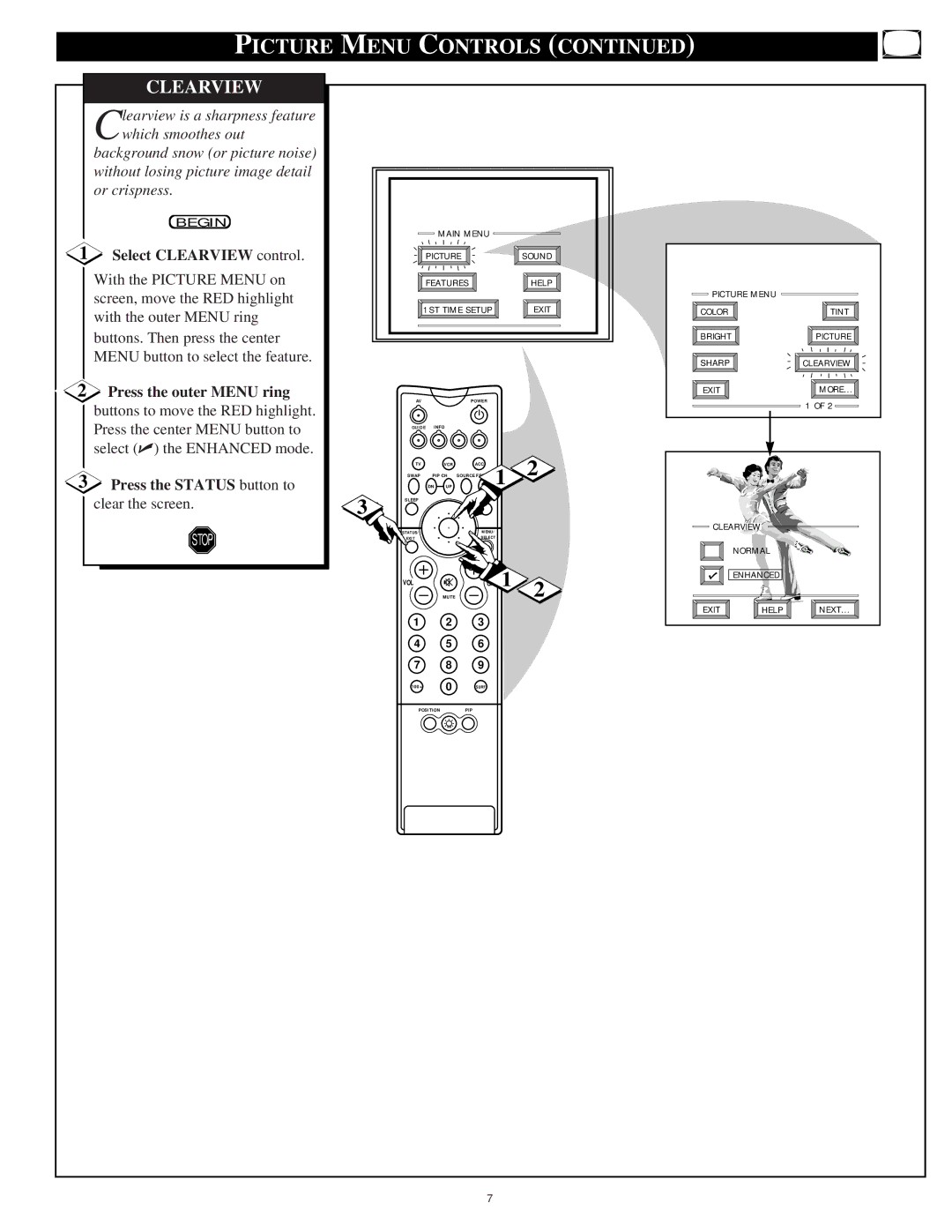 Philips 55P9271 Picture Menu Controls, Select Clearview control, Press the outer Menu ring, Press the Status button to 