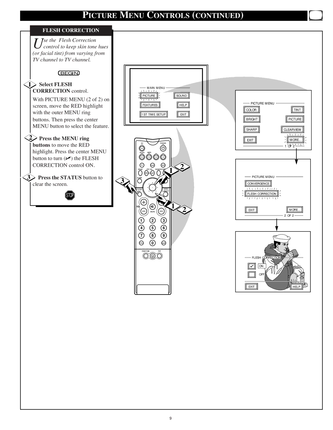 Philips 55P9271, 60P9271 manual Flesh Correction, Select Flesh, Correction control, Press the Menu ring 