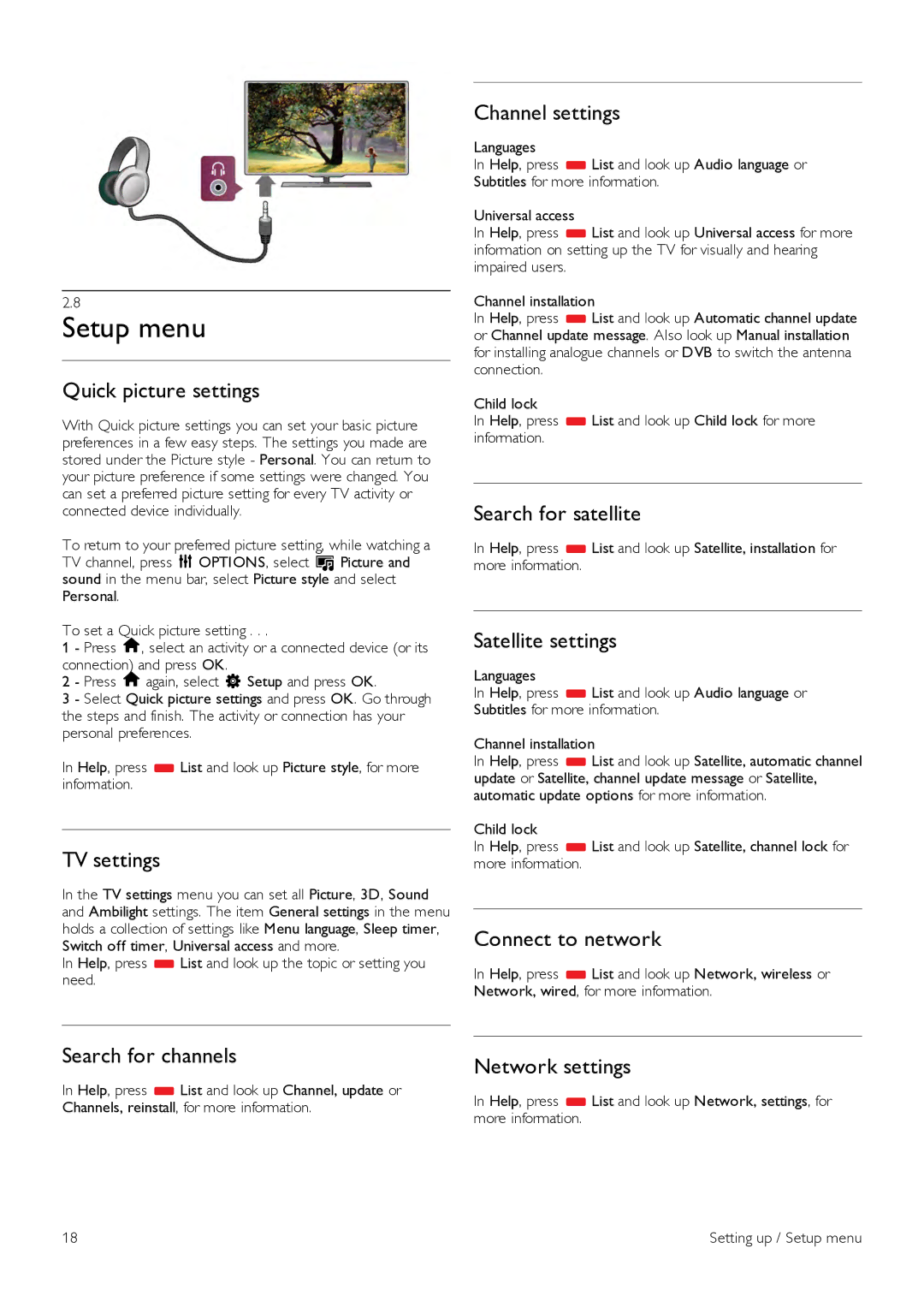 Philips 60PFL8708 manual Setup menu 