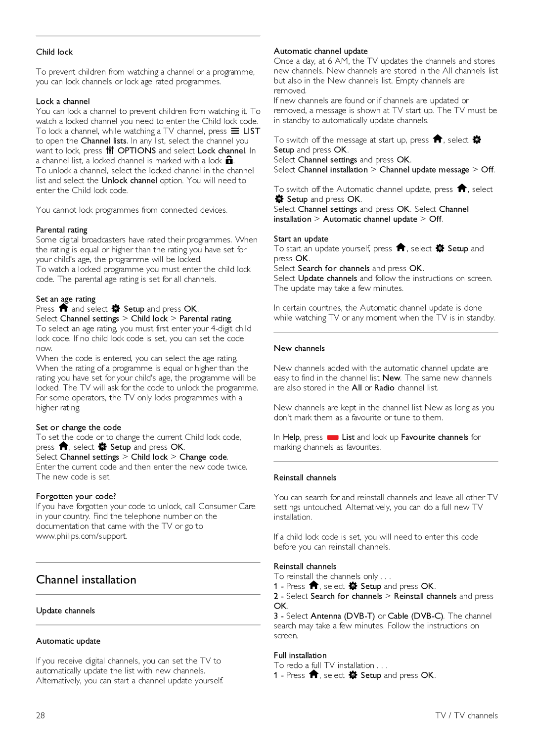 Philips 60PFL8708 manual Channel installation, Lock a channel, Update channels Automatic update 