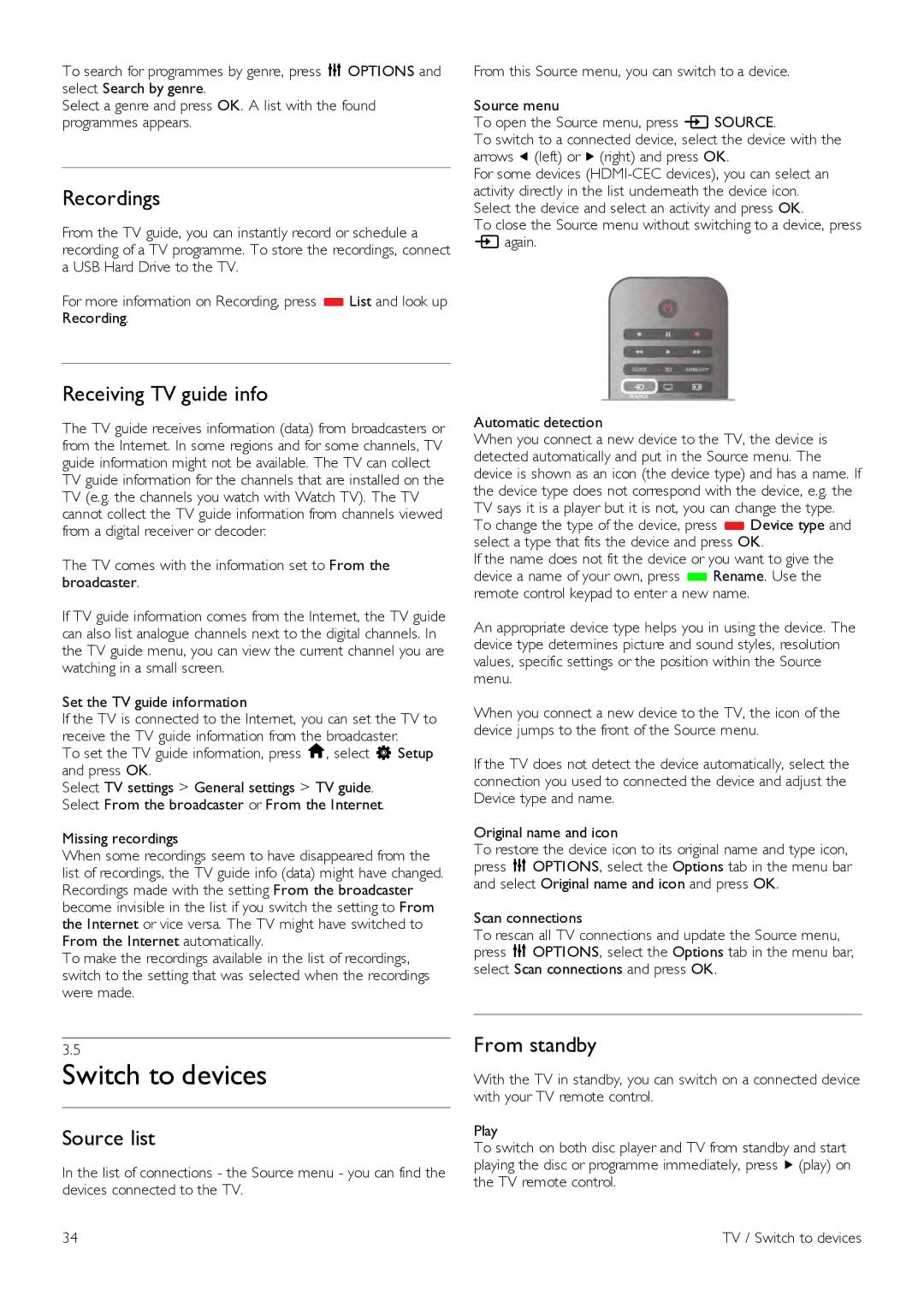 Philips 60PFL8708 manual Switch to devices, Recordings, Receiving TV guide info, Source list, From standby 