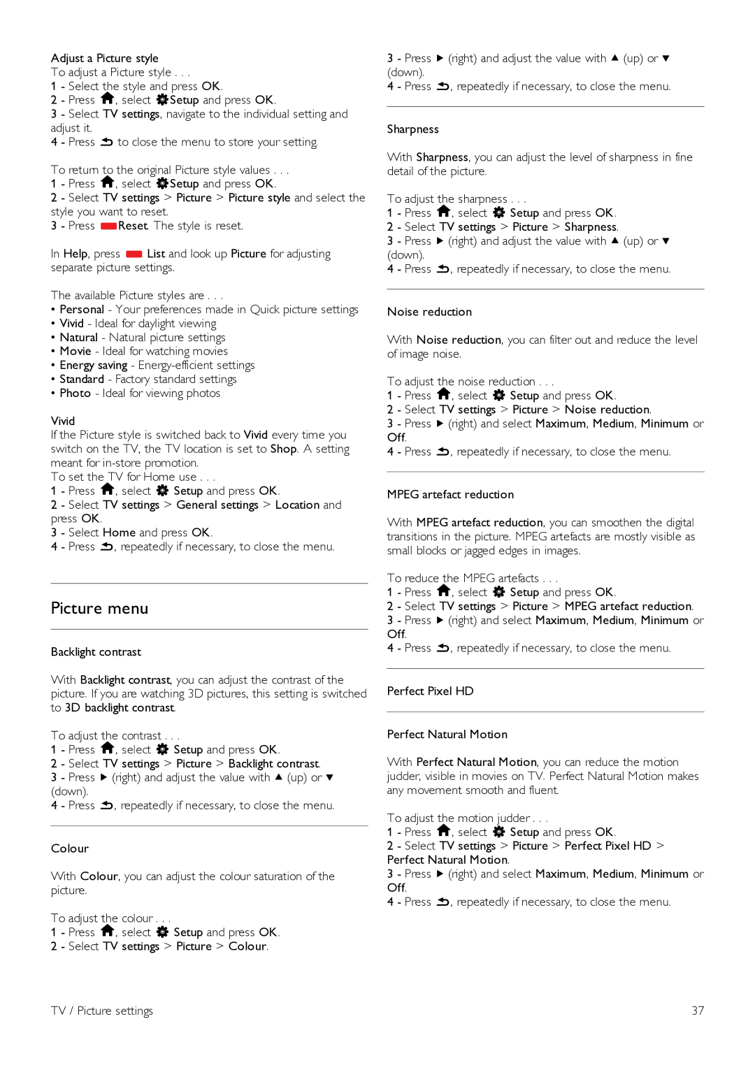 Philips 60PFL8708 manual Picture menu 